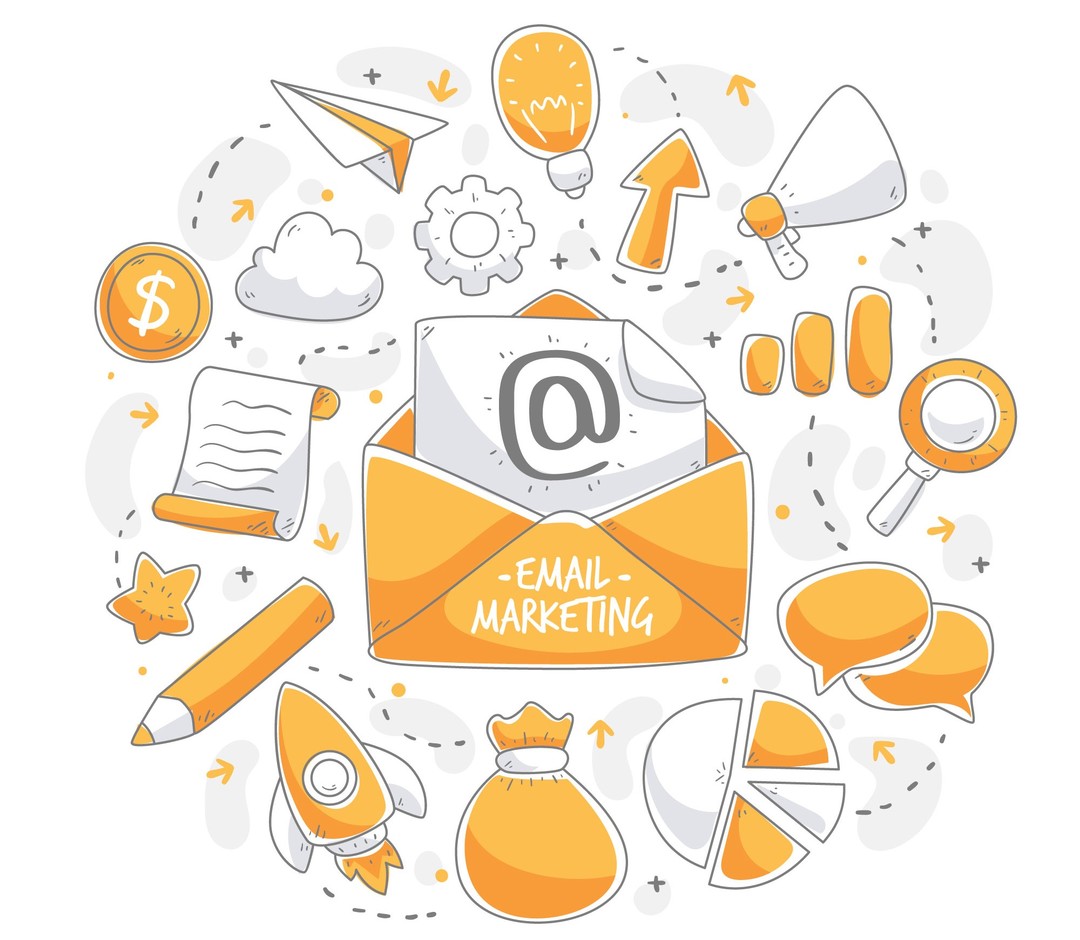 Ilustração que mostra uma carta e vários vde serviços diferentes representando o e-mail marketing