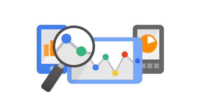 Ilustração mostra uma lupa analisando uma gráfico digital que representam as funcionalidades do Google Analytics.