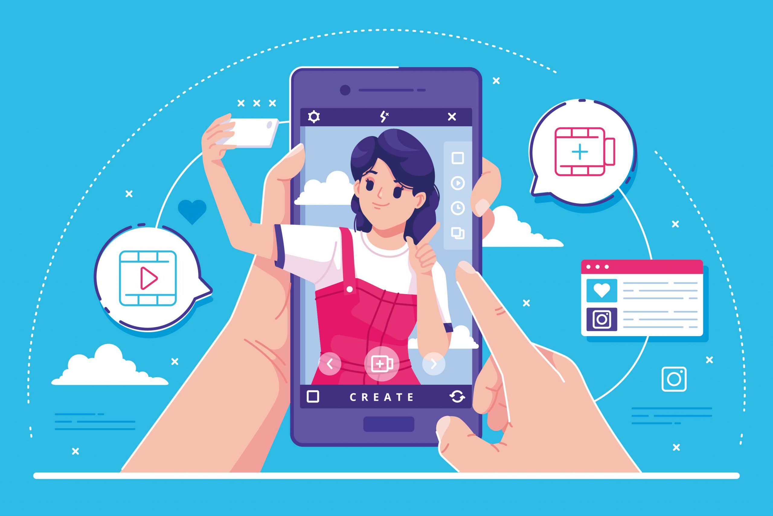 Ilustração mostra uma menina de rosa sendo exibida na tela de um celular fazendo um reels do instagram.