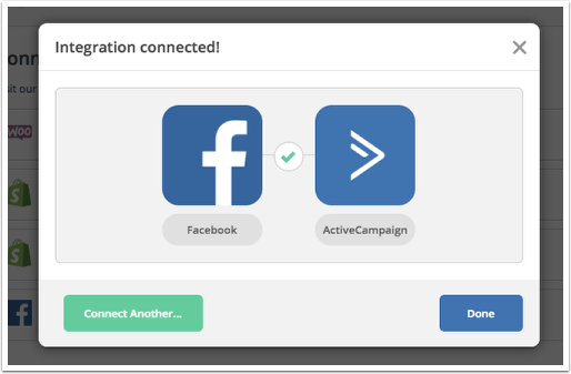 Tela de configuração para integração ActiveCampaign e Facebook