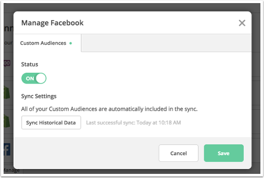 Tela de configuração para integração ActiveCampaign e Facebook