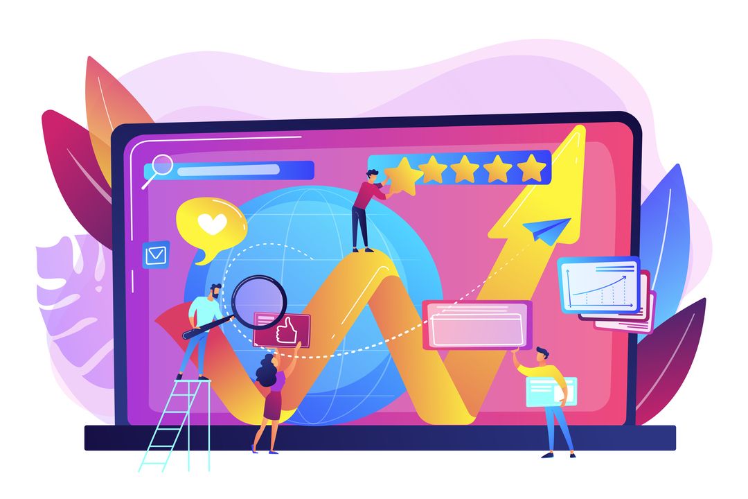 Ilustração mostrando vários profissionais do marketing criando uma página na internet para demonstrar a importância da gestão de marketing.
