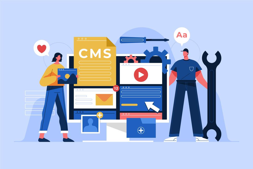 Ilustração com profissionais de marketing ao lado de vetores que representam a ferramenta de CMS da Hubs.